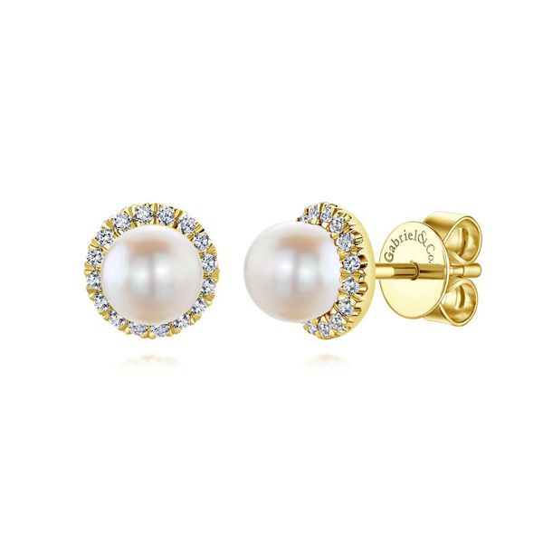 14K Yellow Gold Pearl & Diamond Halo Stud Earrings Koerbers Fine Jewelry Inc New Albany, IN