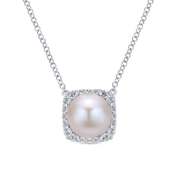 14K White Gold Round Cultured Pearl and Diamond Cushion Halo Pendant Necklace Koerbers Fine Jewelry Inc New Albany, IN