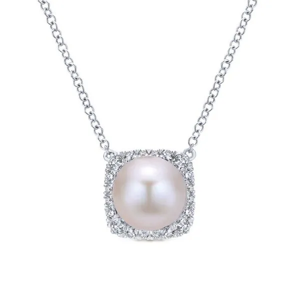 14K White Gold Round Cultured Pearl and Diamond Cushion Halo Pendant Necklace Koerbers Fine Jewelry Inc New Albany, IN