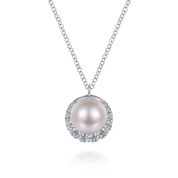 14K White Gold Round Cultured Pearl Diamond Halo Fashion Necklace Koerbers Fine Jewelry Inc New Albany, IN