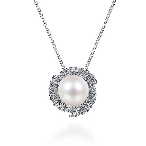 14K White Gold Round Cultured Pearl Swirling Diamond Halo Fashion Necklace Koerbers Fine Jewelry Inc New Albany, IN