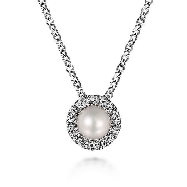 14K White Gold Pearl and Diamond Halo Pendant Necklace Koerbers Fine Jewelry Inc New Albany, IN