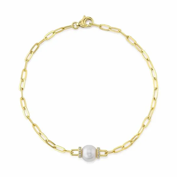14K Yellow Gold Cultured Pearl and Diamond Paper Clip Link Bracelet Koerbers Fine Jewelry Inc New Albany, IN