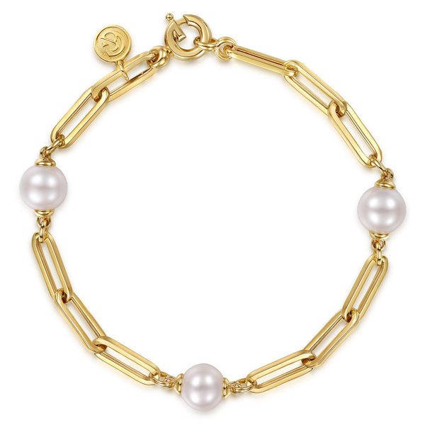 14K Yellow Gold Pearl and Hollow Link Station Chain Bracelet Koerbers Fine Jewelry Inc New Albany, IN