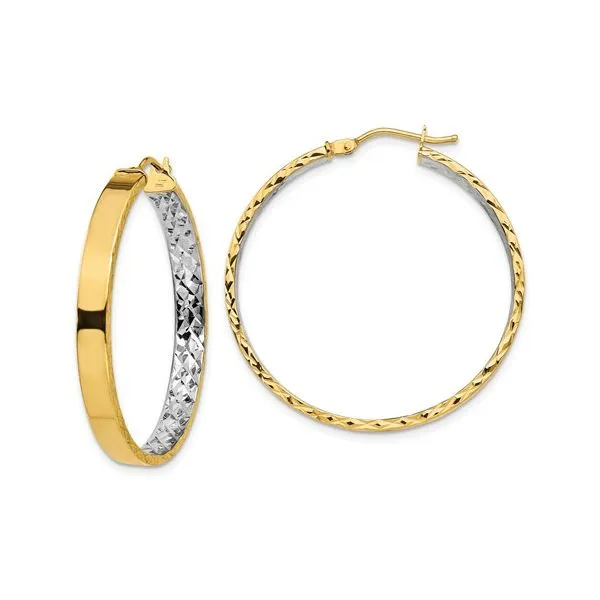 14K Yellow and White Rhodium Polished and Diamond Cut Hoop Earrings Koerbers Fine Jewelry Inc New Albany, IN