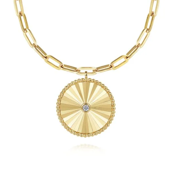 14K Yellow Gold Textured Diamond Medallion Hollow Chain Necklace Koerbers Fine Jewelry Inc New Albany, IN