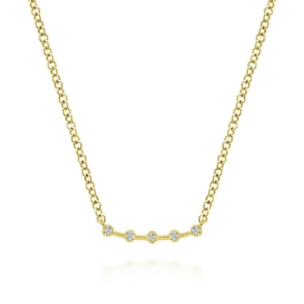 14K Yellow Gold Curved Bar Necklace with Diamond Stations Koerbers Fine Jewelry Inc New Albany, IN