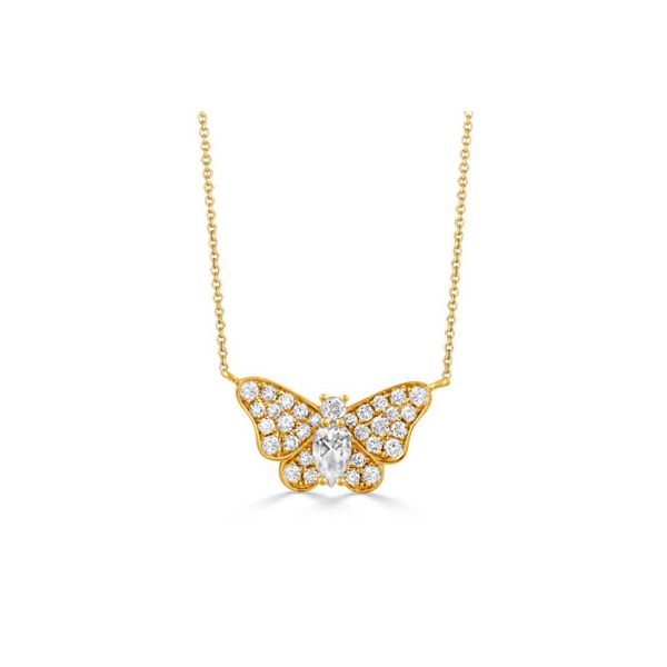 14K Yellow Gold Diamond Butterfly Necklace With White Topaz