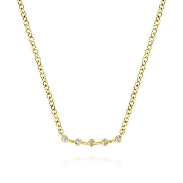 14K Yellow Gold Curved Bar Necklace with Diamond Stations Koerbers Fine Jewelry Inc New Albany, IN