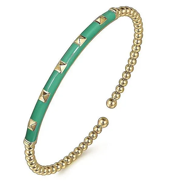 14K Yellow Gold Bujukan Beads and Pyramid Split Bangle with Green Enamel Image 2 Koerbers Fine Jewelry Inc New Albany, IN