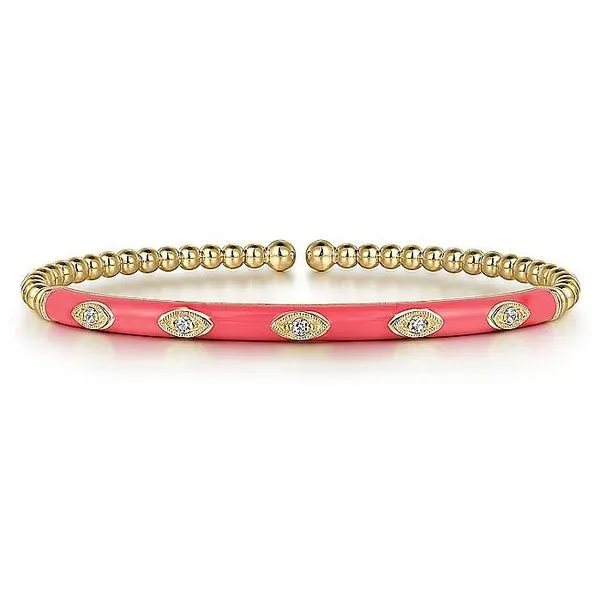 14K Yellow Gold Bujukan Beads and Diamond Split Bangle with Pink Enamel Koerbers Fine Jewelry Inc New Albany, IN