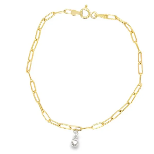 18K Yellow Gold Diamond Dangle on Small Paperclip Chain Bracelet 7