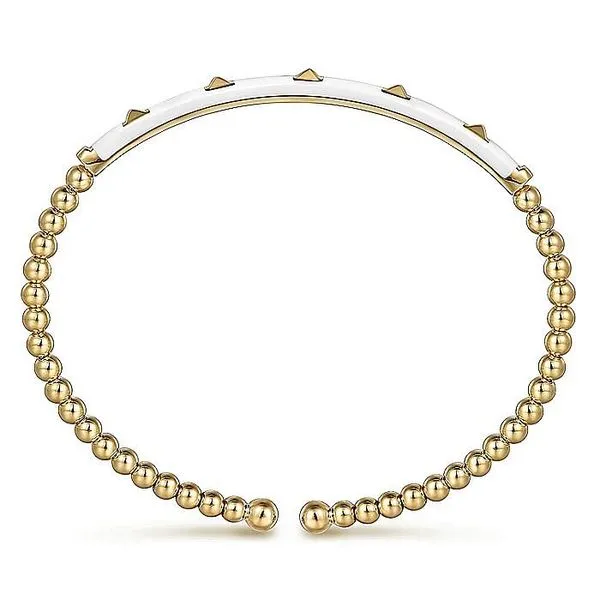 14K Yellow Gold Bujukan Beads and Pyramid Split Bangle with White Enamel Image 3 Koerbers Fine Jewelry Inc New Albany, IN