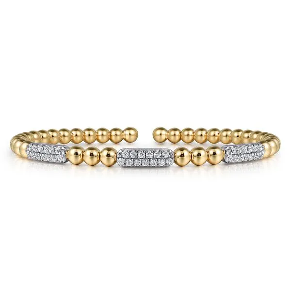 14K White and Yellow Gold Diamond Pave Three Station Bar Bujukan Beads Split Bangle Bracelet Koerbers Fine Jewelry Inc New Albany, IN