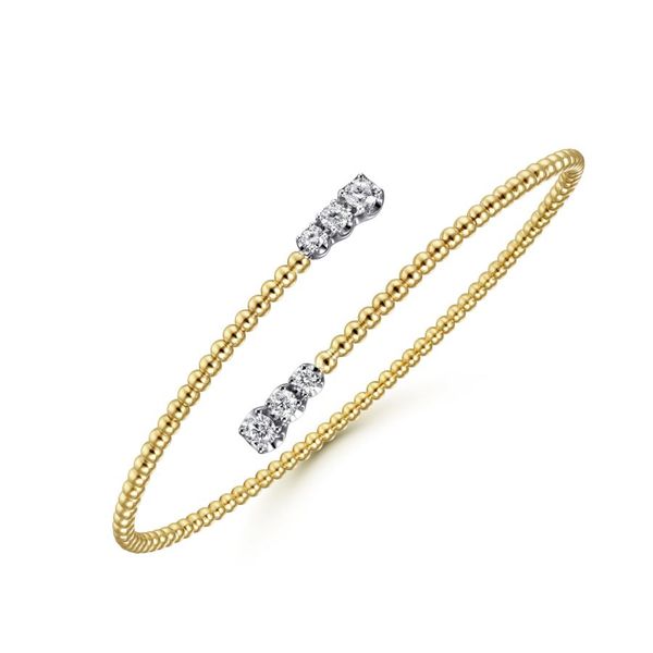 14K Yellow Gold Bujukan Bead Bypass Bangle with Graduating Diamond Caps Koerbers Fine Jewelry Inc New Albany, IN