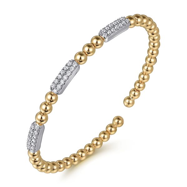 14K White and Yellow Gold Diamond Pave Three Station Bar Bujukan Beads Split Bangle Bracelet Image 2 Koerbers Fine Jewelry Inc New Albany, IN