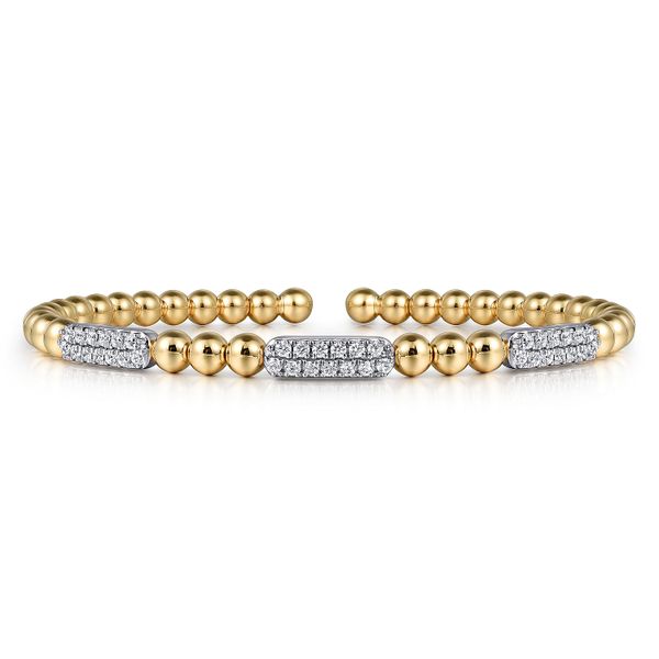 14K White and Yellow Gold Diamond Pave Three Station Bar Bujukan Beads Split Bangle Bracelet Koerbers Fine Jewelry Inc New Albany, IN