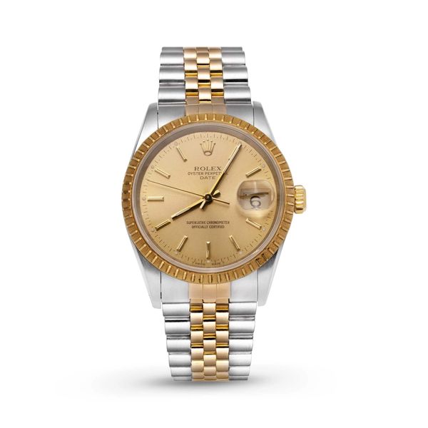 Pre Owned Rolex Date 15223 Fluted Bezel Watch 34mm Champagne Dial Koerbers Fine Jewelry Inc New Albany, IN
