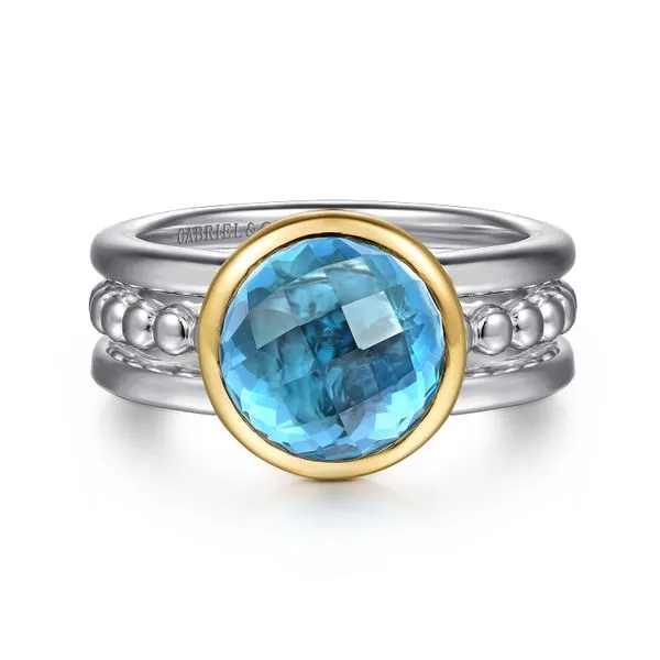 14K Yellow Gold and 925 Sterling Silver Bujukan Round Blue Topaz Cocktail Ring Koerbers Fine Jewelry Inc New Albany, IN