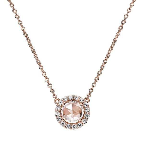 Sterling Silver & Rose Gold Plated Simulated Morganite and Diamond Halo Necklace Koerbers Fine Jewelry Inc New Albany, IN