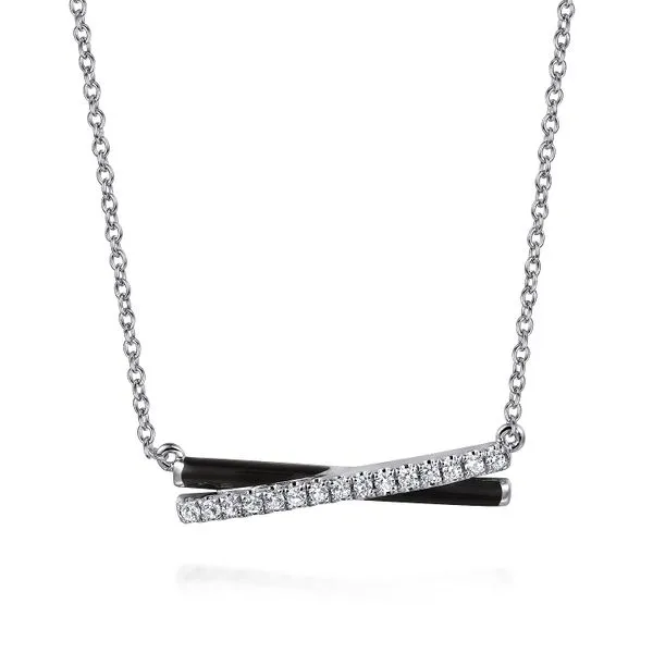 925 Sterling Silver White Sapphire Criss Cross Bar Necklace with Black Enamel Koerbers Fine Jewelry Inc New Albany, IN