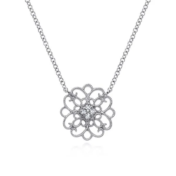 925 Sterling Silver Round Filigree White Sapphire Pendant Necklace Koerbers Fine Jewelry Inc New Albany, IN