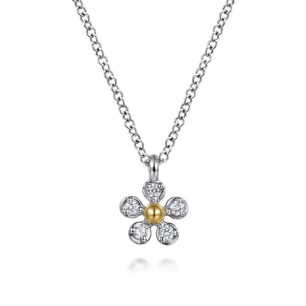 14K Yellow Gold & 925 Sterling Silver Diamond Flower Pendant Necklace Koerbers Fine Jewelry Inc New Albany, IN