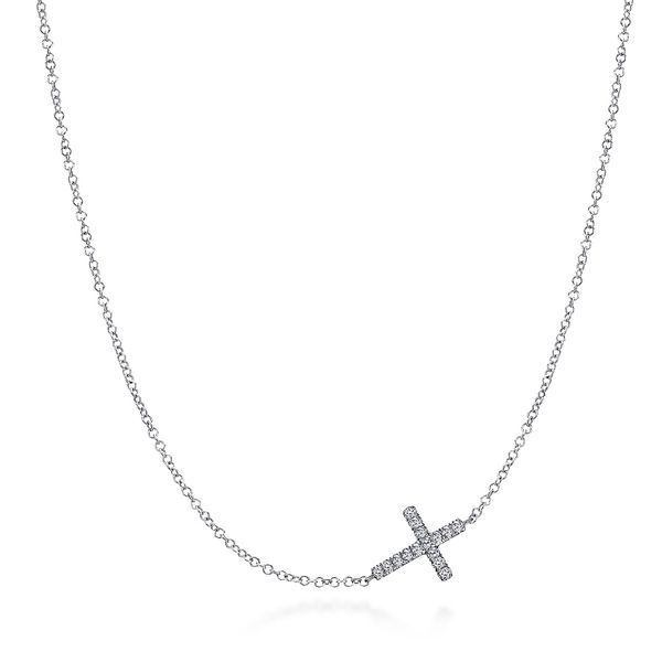 925 Sterling Silver Sideways White Sapphire Cross Necklace Koerbers Fine Jewelry Inc New Albany, IN