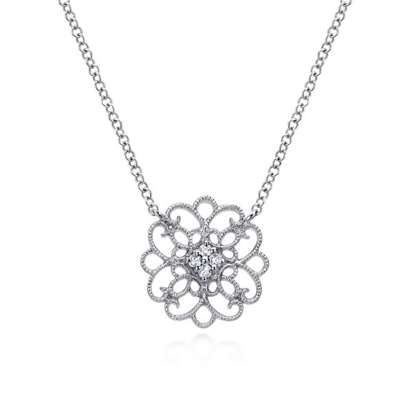 925 Sterling Silver Round Filigree White Sapphire Pendant Necklace Koerbers Fine Jewelry Inc New Albany, IN