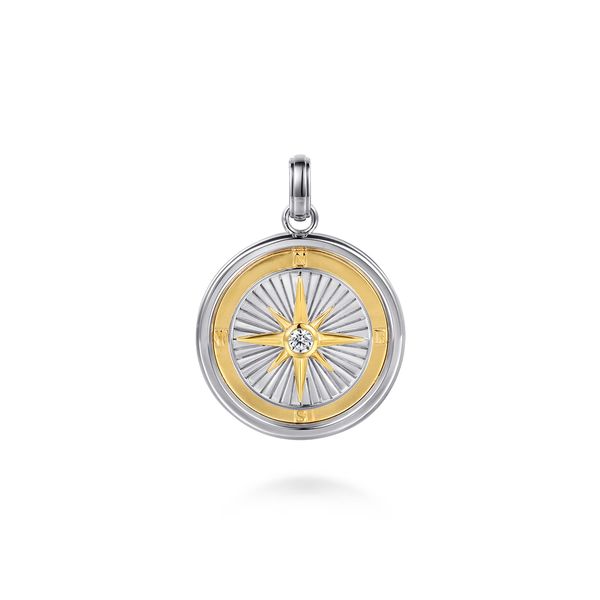 925 Sterling Silver and 14K Yellow Gold Compass Pendant with White Sapphire Koerbers Fine Jewelry Inc New Albany, IN
