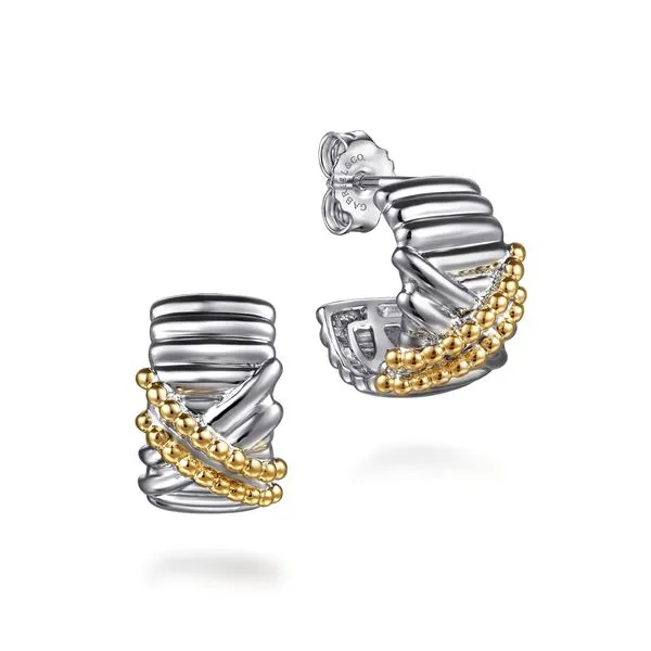 925 Sterling Silver and 14K Yellow Gold Bujukan Shrimp Criss Cross J Hoop Earrings Koerbers Fine Jewelry Inc New Albany, IN