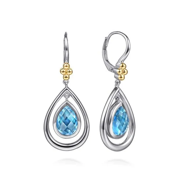 14K Yellow Gold and 925 Sterling Silver Bujukan Pear Blue Topaz Leverback Drop Earrings Koerbers Fine Jewelry Inc New Albany, IN