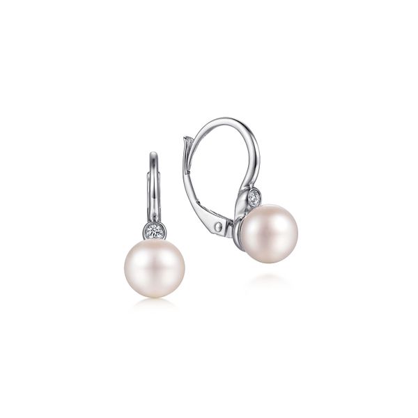 925 Sterling Silver Bezel Set Diamond and Pearl Leverback Earrings Koerbers Fine Jewelry Inc New Albany, IN
