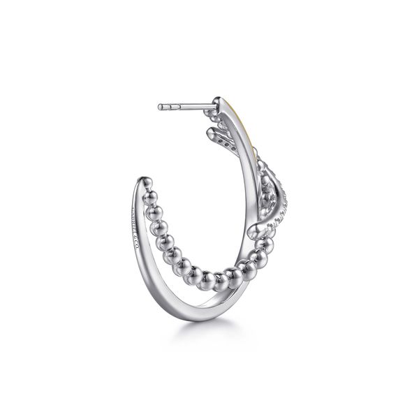 14K Yellow Gold and 925 Sterling Silver Bujukan Beaded White Sapphire Criss-Cross J Hoop Earrings Image 2 Koerbers Fine Jewelry Inc New Albany, IN