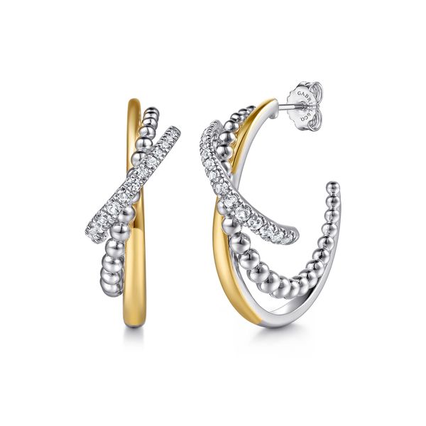 14K Yellow Gold and 925 Sterling Silver Bujukan Beaded White Sapphire Criss-Cross J Hoop Earrings Koerbers Fine Jewelry Inc New Albany, IN
