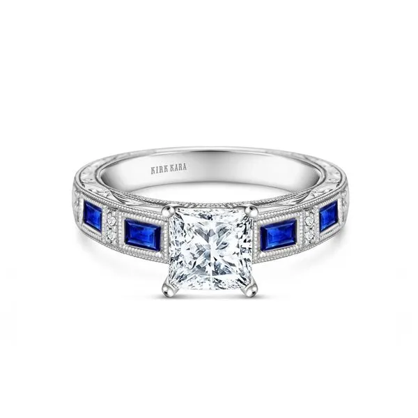 Estate 18K White Gold Kirk Kara Sapphire & Diamond Hand Engraved Wedding Set Image 2 Koerbers Fine Jewelry Inc New Albany, IN