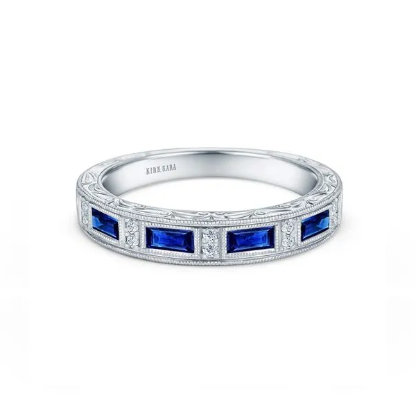 Estate 18K White Gold Kirk Kara Sapphire & Diamond Hand Engraved Wedding Set Image 4 Koerbers Fine Jewelry Inc New Albany, IN