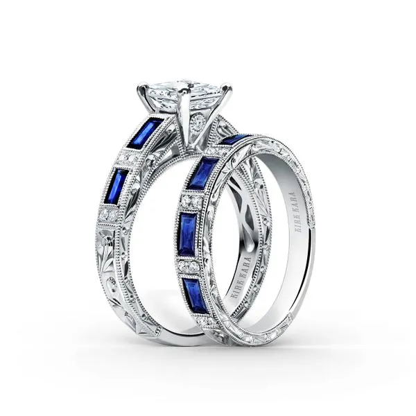 Estate 18K White Gold Kirk Kara Sapphire & Diamond Hand Engraved Wedding Set Koerbers Fine Jewelry Inc New Albany, IN