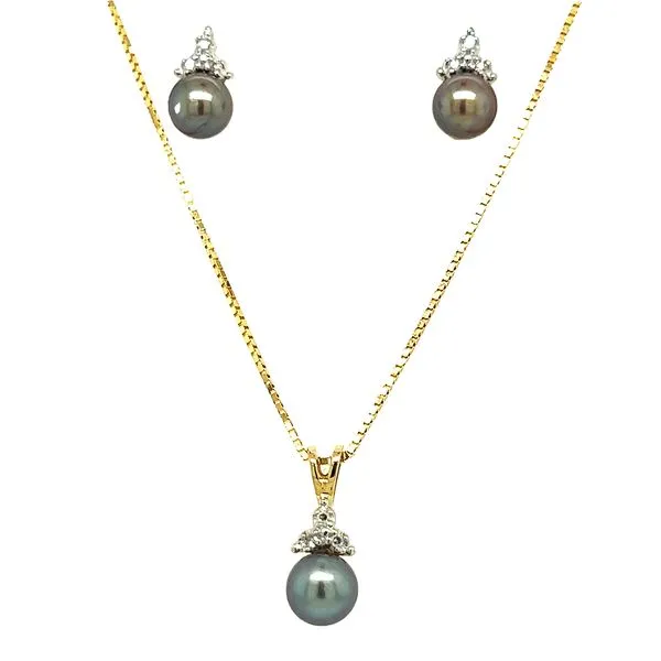 Estate 14K Yellow Gold Black Pearl and Diamond Necklace and Earrings Koerbers Fine Jewelry Inc New Albany, IN