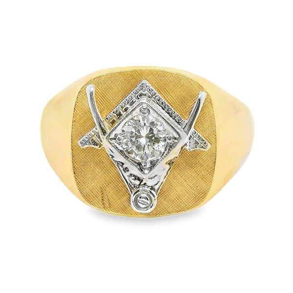 Estate 14K Yellow Gold Signet Ring with Round Cut Diamond and Freemasonry Symbols