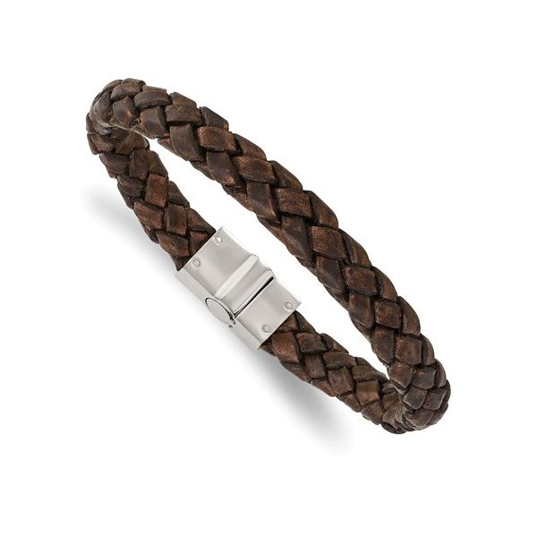 Stainless Steel Polished Brown Woven Leather Bracelet Koerbers Fine Jewelry Inc New Albany, IN