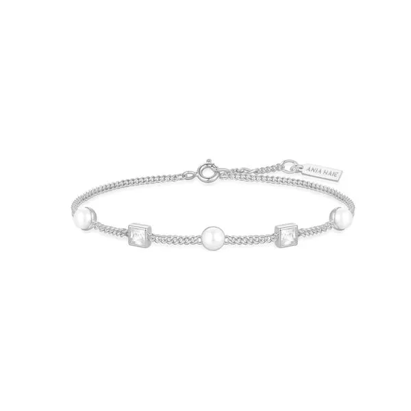 Silver Bezel-Set Cube and Pearl Station Bracelet Koerbers Fine Jewelry Inc New Albany, IN