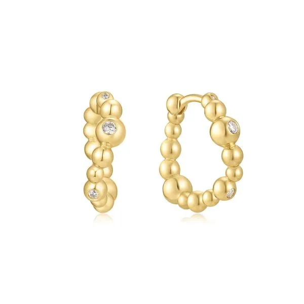 Gold Bezel Beaded Curved Huggie Hoop Earrings Koerbers Fine Jewelry Inc New Albany, IN
