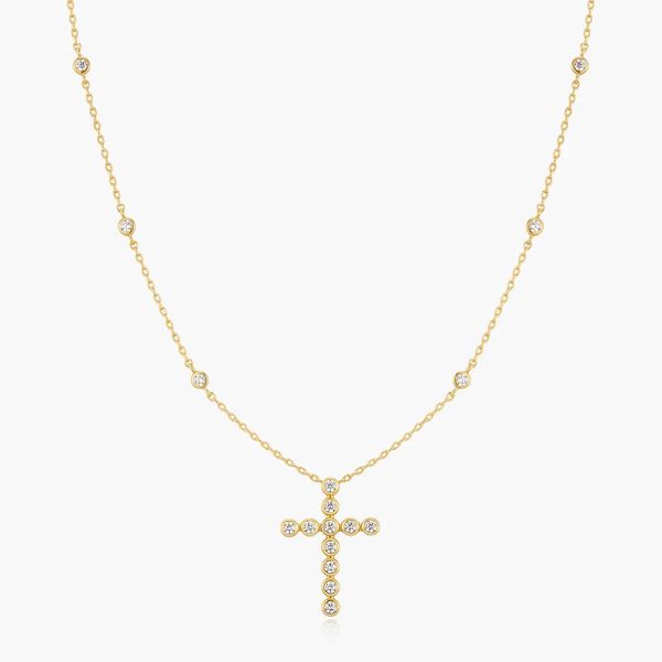 Gold Bezel-Set Station Necklace with Cross Pendant Koerbers Fine Jewelry Inc New Albany, IN
