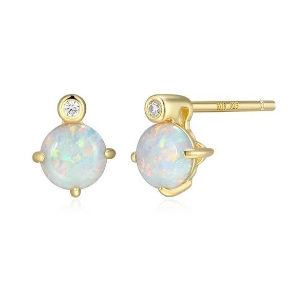 Lady's Elle Gold Plated Sterling Silver October Birthstone Stud Earrings Created Opal and Lab Grown Diamonds Krekeler Jewelers Farmington, MO