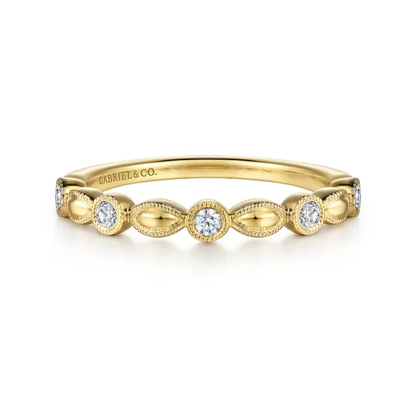 Lady's 14k Yellow Gold Diamond Marquise Shape Stackanle Ring with 5 Round Cut Diamonds Weighing .15 CTW Having G/H Color and SI1 Clarity Serial No: S2 Krekeler Jewelers Farmington, MO