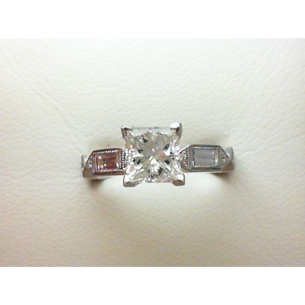 Lady's 14k White Engagment Ring With One Princess Cut Diamond Weighing 1.29 Ct and 8 Round Cut Diamonds And 4 Baguette Cut Diamonds Image 2 Krekeler Jewelers Farmington, MO