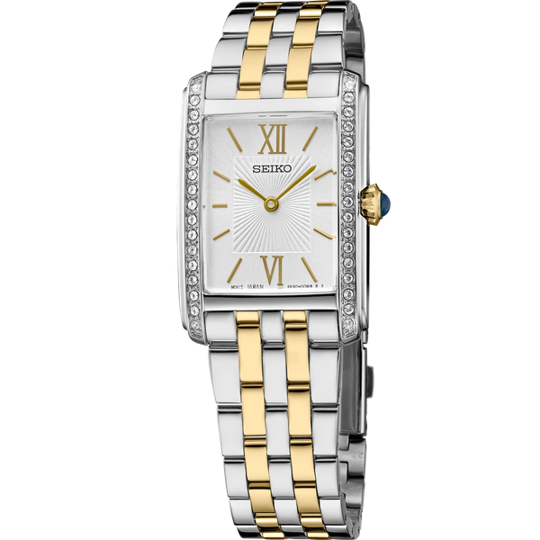 Lady's Seiko Stainless Steel and Gold Plate Crystal Square Watch with Roman Numerals Krekeler Jewelers Farmington, MO