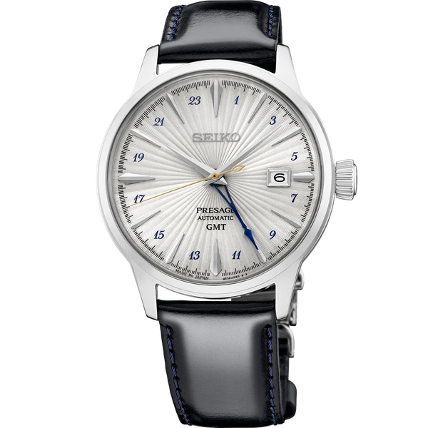 Seiko Presage Cocktail Time GMT U.S. Special Creation Watch with Dark Blue Leather Band Krekeler Jewelers Farmington, MO