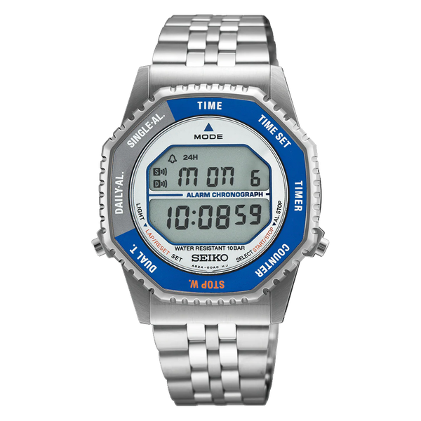Men's Seiko Watch Essentials Stainless Steel Digital Gray and Blue Dial Krekeler Jewelers Farmington, MO